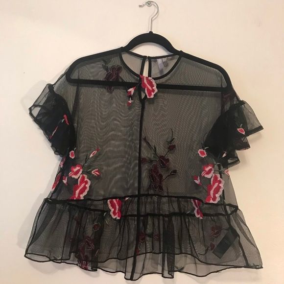 ASOS Floral Sheer Peplum Top, Size 2 - Picture 2 of 5